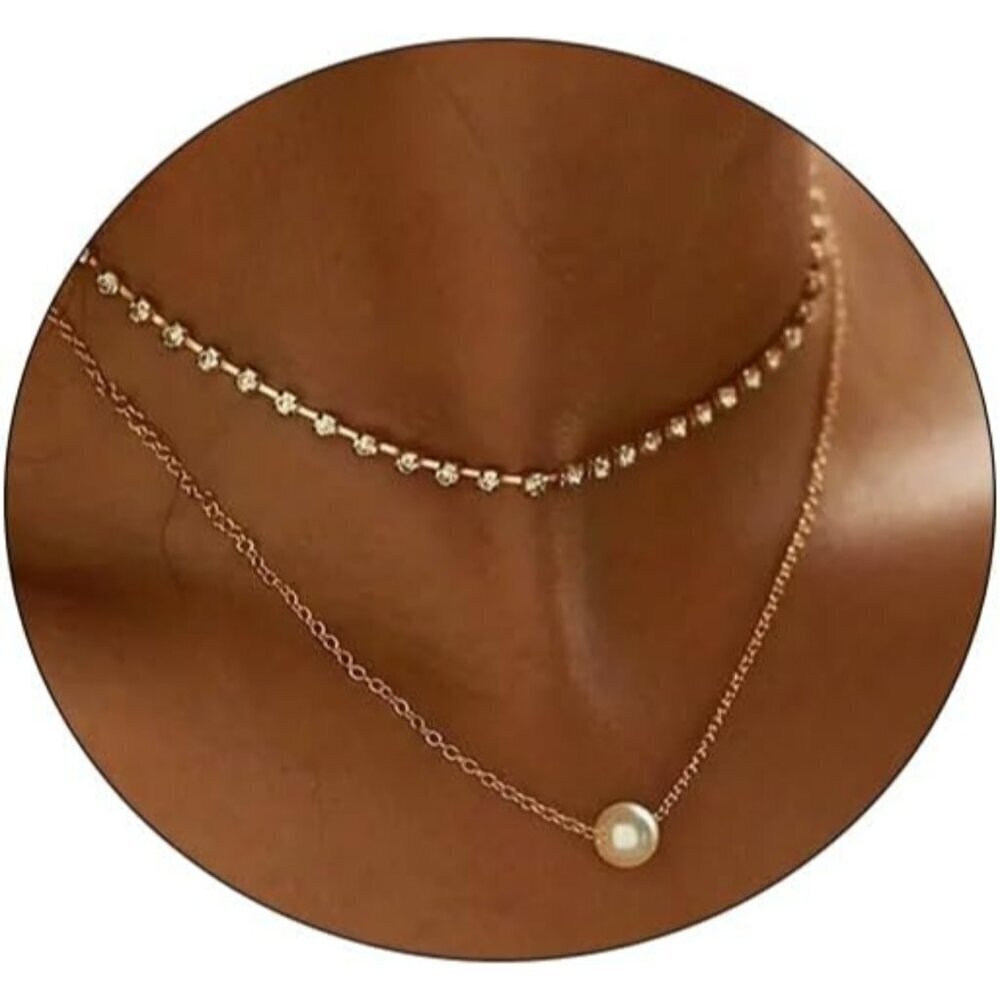 Layered Gold Necklace for Women Pearl Pendant Rhinestone Choker Chain Jewelry